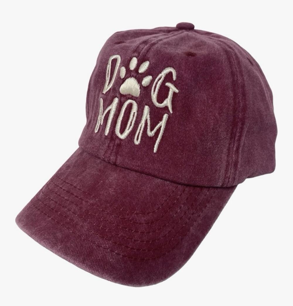 Women's Dog‎ Mom Hat Maroon Embroidered Distressed Cotton Denim Baseball Cap